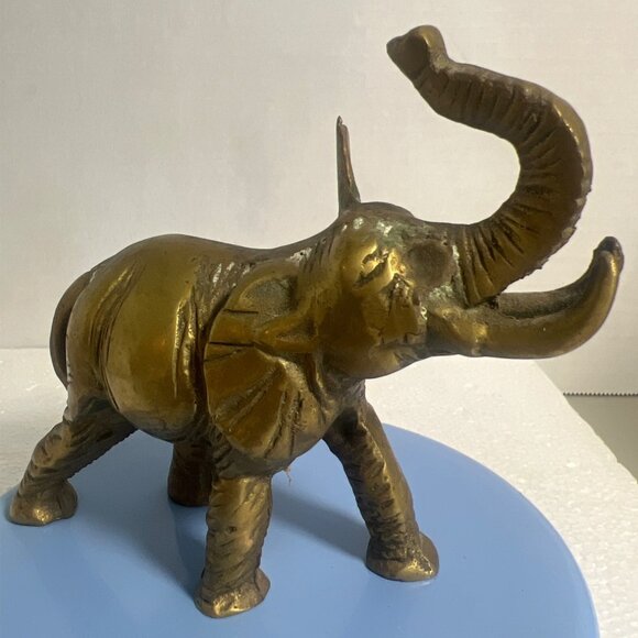 Vintage MCM Solid Brass Elephant Figurine Sculpture Trunk up Home Decor 17.4 oz - Picture 6 of 11